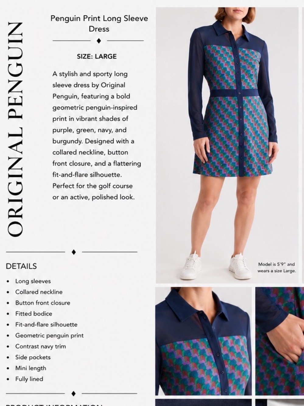 ORIGINAL PENGUIN GOLF Navy with Green & Pink Patterned Dress (Retails $200 CAD)